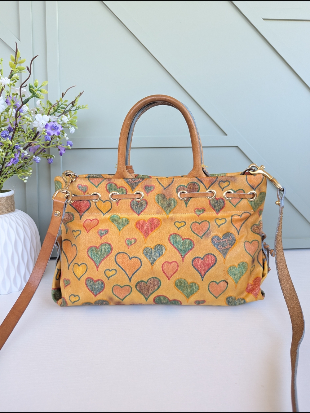 Dooney & Bourke Yellow Heart Print Satchel - Picture 4 of 11
